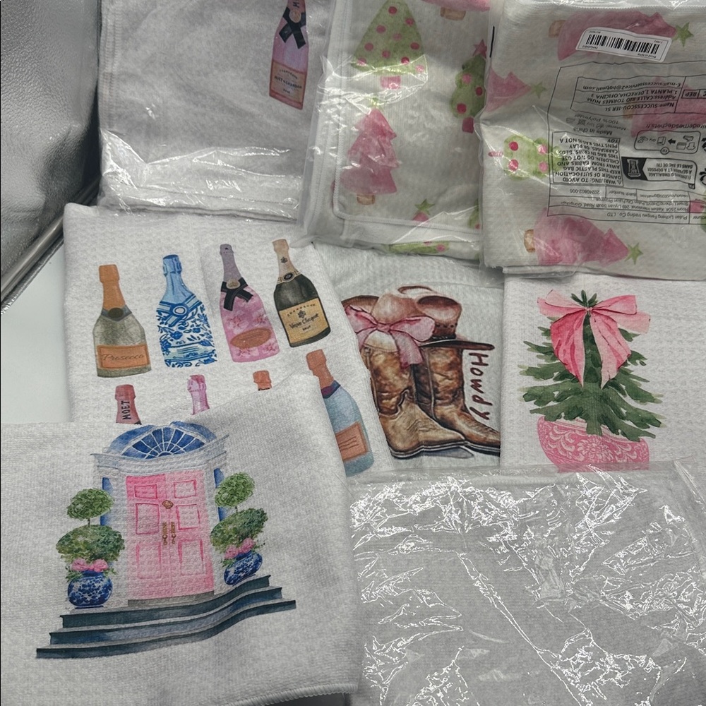 Set of Eight Pink and White Chic Hand or Dish Towels